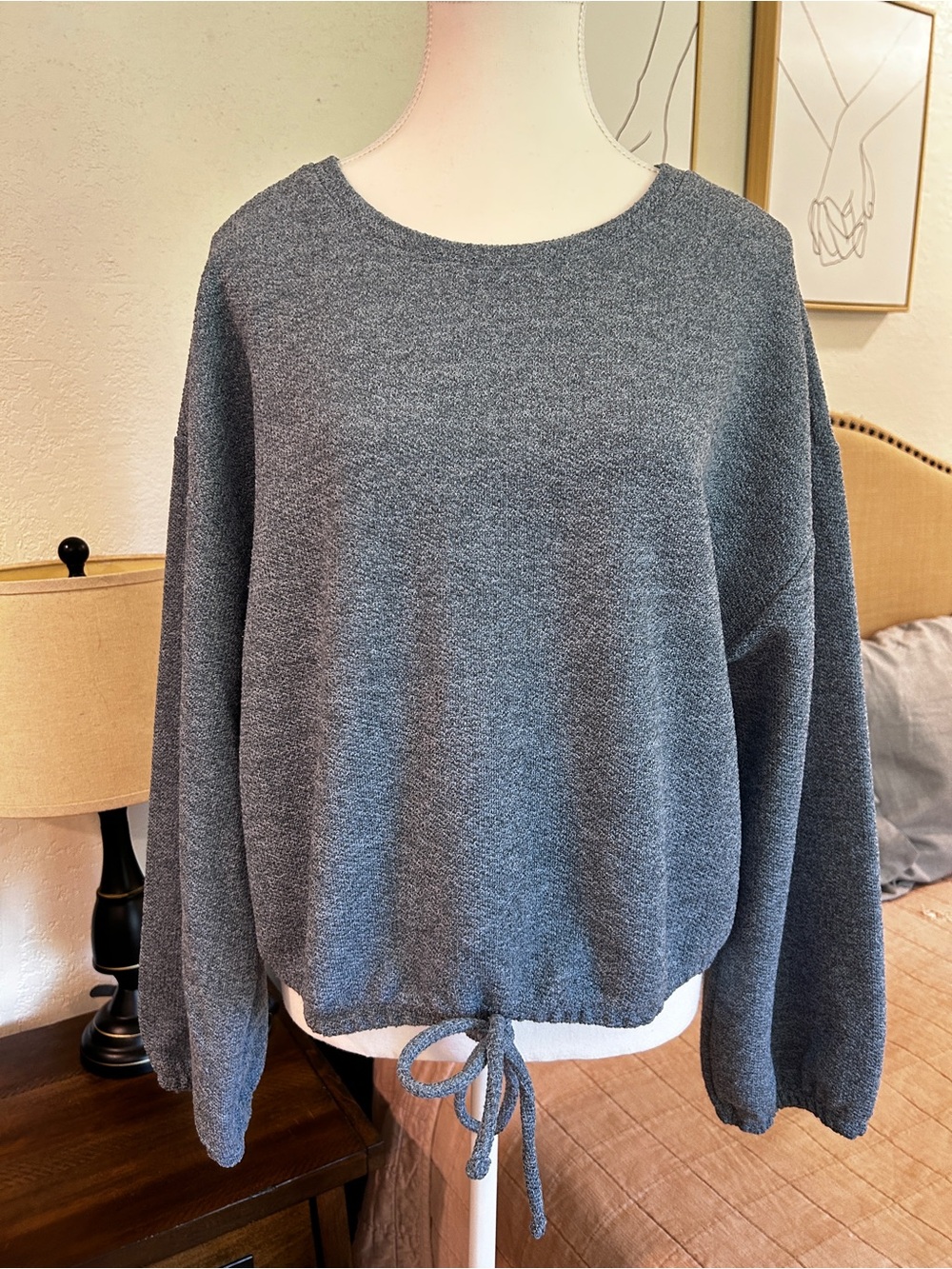 LOFT Blue Drawstring Hem Crewneck Sweater